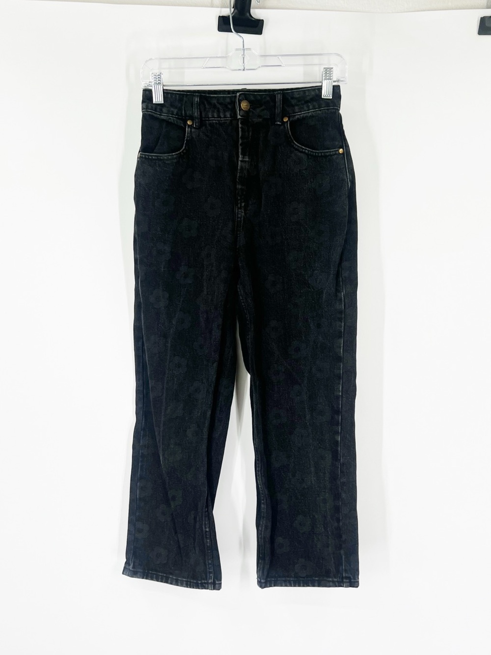 Afends High Rise Straight Cropped Jeans Black Floral Print